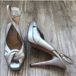 Jimmy Choo Silver Peep Toe Sling Back Sandals